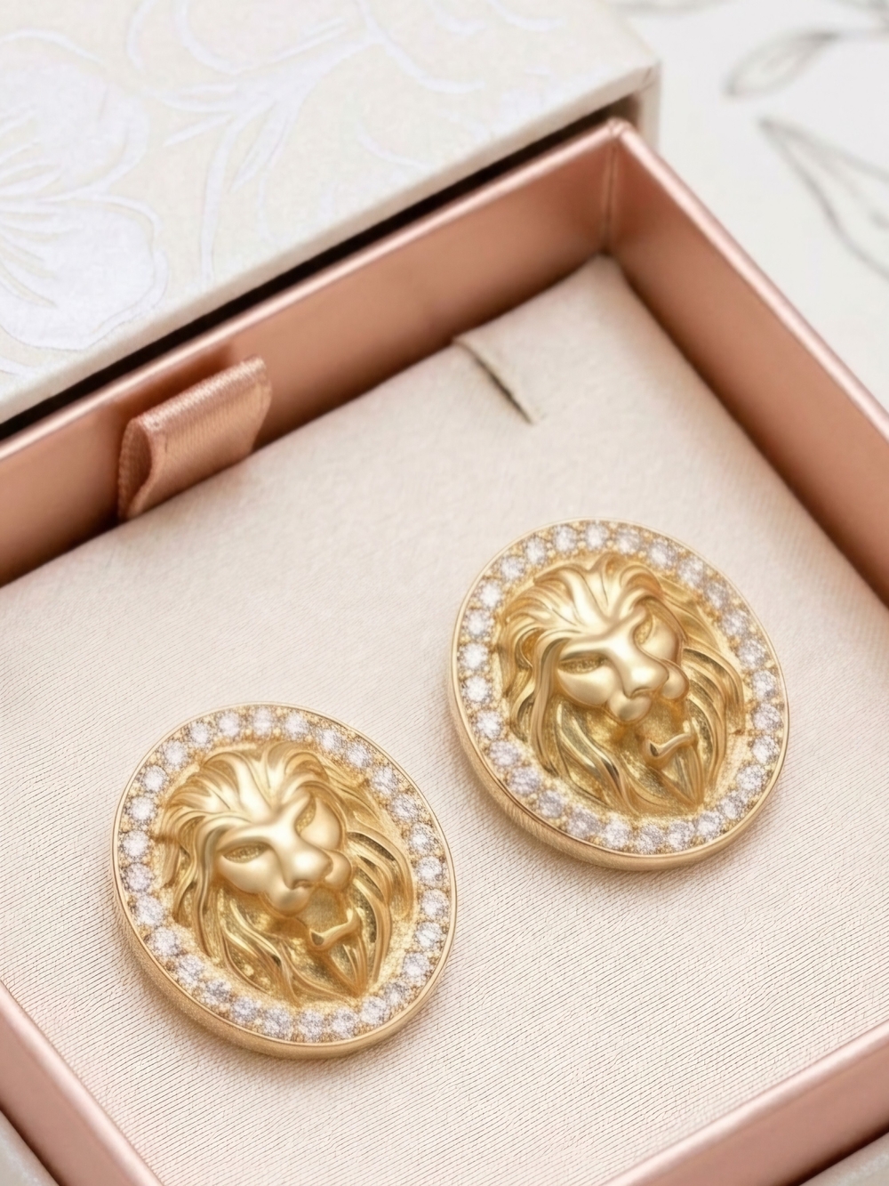 Gold Lion Head Zircon Border Earrings - Luxury Women's Jewelry